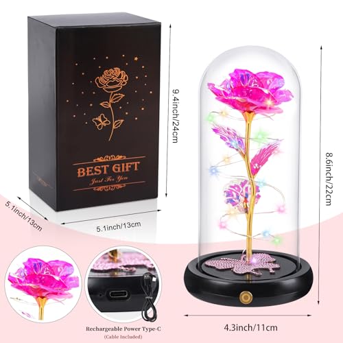 Gifts for Mom Birthday Gifts for Women Pink Rose Eternal Flower USB Light Up Rose in Glass Dome Anniversary Flowers for Delivery Prime Galaxy Crystal Flowers Gifts for Mom Women Wife Grandma - color: Usb-pink