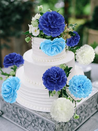 108pcs Carnation Head with Stem, Royal Blue White Artificial Flowers Carnations Bulk, 3.5" Silk Carnation Flower for Wedding Bouquet Table Centerpieces Floral Arrangement Funeral Cemetery Gravesite - color: Gradient Blue&white