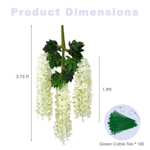 BIRDDIE 48 Pcs of Wisteria Hanging Flowers, 3.75 Ft Fake Flower Strings, Artificial Wisteria Flowers Hanging Garland for Backdrop, Wedding, Ceremony, Garden and Home Wall Decoration(White) - color: White, size: 48 pcs