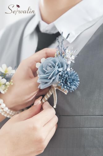 Serwalin 6PCS Boutonniere for Men,Groom and Best Man Boutonnieres for Wedding Decor Prom Anniversary Homecoming Flowers Formal Dinner Party (Blue & Dusty Blue) - color: Dusty Blue, size: Boutonniere 6pcs