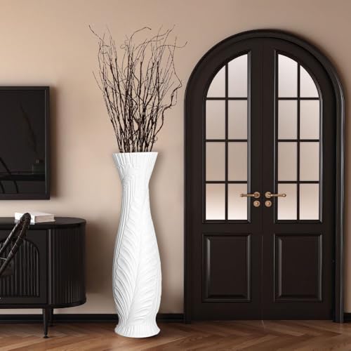 Tall White Floor Vase 30 Inches, Handmade Large Modern Ceramic Vases for Home Decor Living Room, Feather Pattern Decorative Vases Wide Mouth Opening Corner Vase for Pampas Grass - color: White Feather Pattern