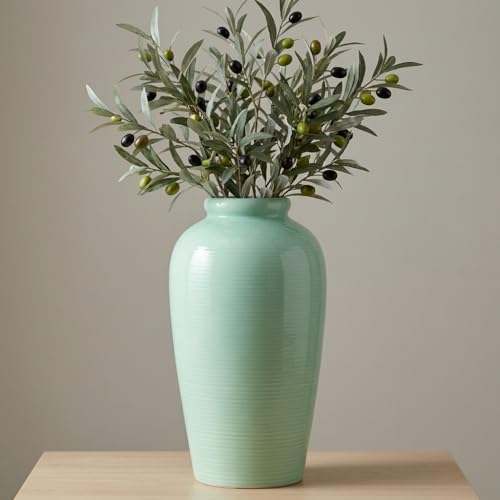 Green Ceramic Vase - 11 Inch Tall Modern Decorative Flower Vase for Living Room, Pottery Centerpiece Vases Home Decor, Eucalyptus, Mantel Decor, Side Table, Kitchen Decoration - color: Light Green