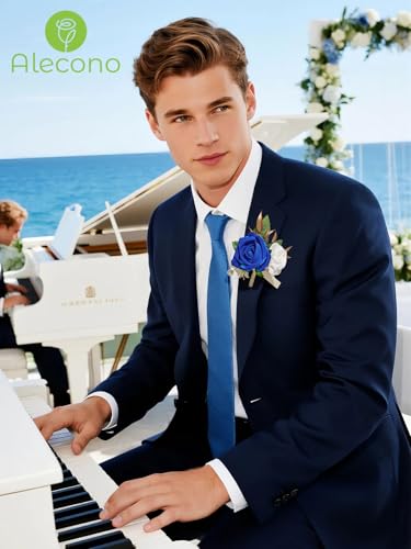Alecono Navy Blue Corsage and Boutonniere Set, Rose Corsage Wristlet with Adjustable Ribbon and Boutonniere Supplies for Wedding Graduation Prom Flower Accessories Suit Decorations - color: Navy Blue, size: Corsage and Boutonniere Set