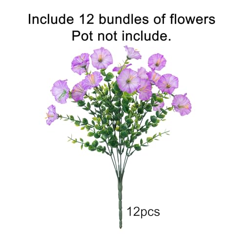 HyeFlora Artificial Flowers for Outdoors Fake Plants Outside Decoration, 12 Bundles Silk Purple Morning Glory UV Resistant Look Real Faux Flowers for Planter Front Door Porch Patio Yard Gardens Home - color: Gradient Purple