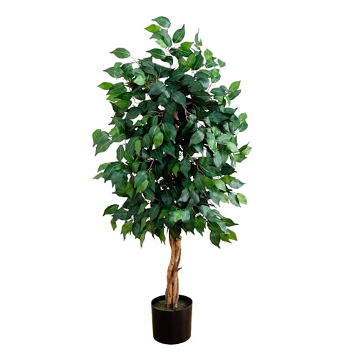Nearly Natural 4ft Triple Trunk Ficus Silk Tree with Natural Wood Trunks and Dense Foliage, Mid-Size Faux Floor Plant for Home and Office - size: 4ft, style: Tree in Pot