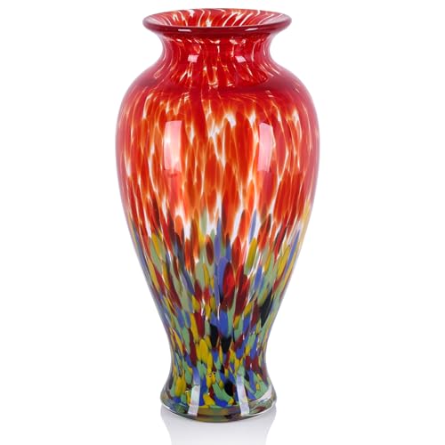 olirum 11.8" Tall Hand Blown Red Art Glass Vase, Colorful Speckled Opaque Vase for Flowers, Table Centerpiece Decor, Living Room Dining Table, Shelf Mantel Display (Red) - color: Red
