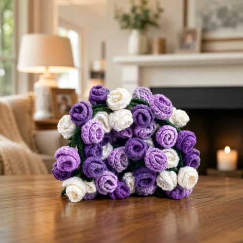Crochet Flower Bouquet Throw Blanket, Cute Romantic Gift for Her Girlfriend Mom Mother’s Day Valentine Wedding Anniversary Birthday (Purple, 40 inches) - color: Purple, size: 40 inches