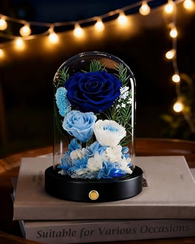 Eternal Roses, Preserved Flowers in Glass Dome, Blue Forever Flowers for Delivery, Valentines Day Mothers Day Anniversary Birthday Gifts for Grandma Women Her Mom Girlfriend Wife - color: New Blue