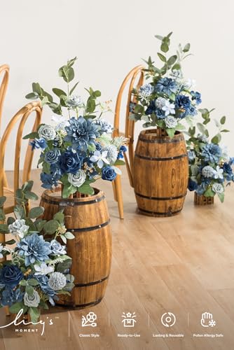 Ling's moment 17.5" Tall Standing Artificial Flowers Arrangements 4pcs Fall Wedding Aisle Runner Chair Decorations Dusty Blue & Navy Centerpieces for Ceremony Reception Rose Floral Party Outdoor - color: Blu-dusty Blue & Navy Blue