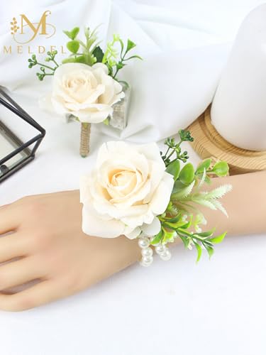 Cream Rose Wrist Corsage and Boutonniere Set for Dance Party Wedding | Pearls Wristlet Corsage for Bride Bridesmaids, Boutonniere for Groom Best Man Wedding Flower Accessories Prom Ceremony Party - color: Champagne-c 1 Boutonniere&1 Wrist Corsage