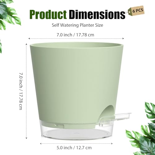 Plant Pots 7 Inch Self Watering Pots, 6 Pack Plastic Planters with Drainage Holes and Clear Saucers,Plastic Flower Pots for Indoor Out Door Plants(Green) - color: Green, size: 7 inch