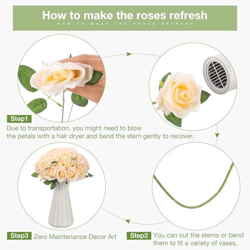 Jexine 60 PCS Artificial Roses Bulk Silk Flowers with Long Stems, Realistic Faux Rose Bouquet for Wedding Centerpieces, Valentine’s Party, Decor Home (Champagne) - color: Champagne