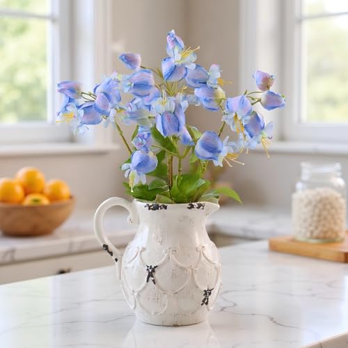 25 Pcs Artificial Lantern Flower with Vintage Ceramic Vase - Hyper Realistic Silk Flowers and Leaves for Home Indoor Outdoor Decor（Blue） - color: Blue