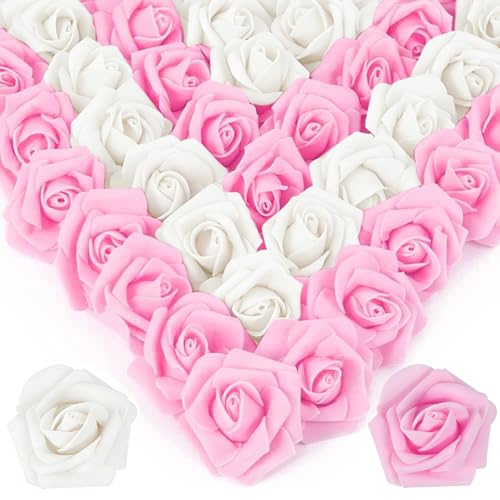 100Pcs Real Looking Pink and White Blend Artificial Rose Flower Heads, Foam Fake Roses for DIY Wedding Decorations Baby Shower Centerpieces Home Party Valentine's Day Mother's Day Decor - color: 100pcs Pink and White Ombre