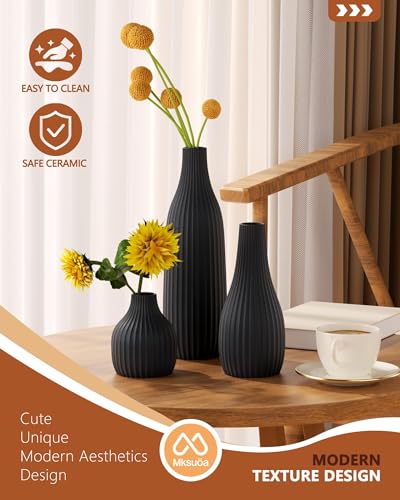 Decorative Flower Vase Set of 3 - Modern Boho Style Black Vases, Ribbed Textures Ceramic Vase for Home Decor Shelf Bookshelf Mantle TV Stand Entryway Console, Dining Table Centerpiece Decor - color: Black