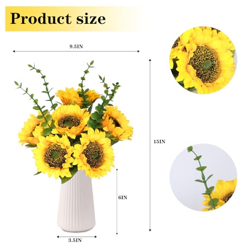Artificial Flowers with Ceramic Vase, Silk Sunflower Fake Flowers in Vase for Home Office Decoration, 15'' Floral Arrangements for Dining Table Centerpiece, Bathroom, Wedding Decor