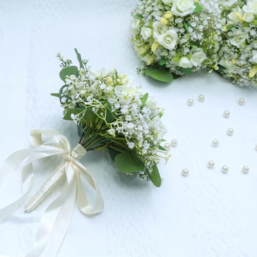 Artificial Bridesmaid Bouquets Set of 6 - Ivory White 9 Inch Flower Bouquet for Wedding Party Ceremony Dinning Table Centerpieces Decor Faux (Sweetheart Rose & Babys Breath & Ribbon) - color: Sweetheart Rose