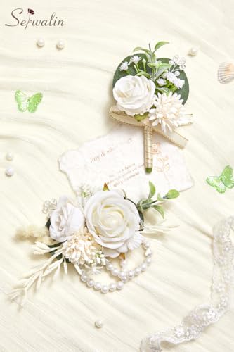 Serwalin White Rose Corsage and Boutonniere Set, Boutonniere for Men and Wrist Corsage Wristlet Prom Homecoming Wedding Flowers Accessories Party Suit Decorations - color: A White, size: 1 Boutonniere & 1 Wrist Corsage - 2pcs