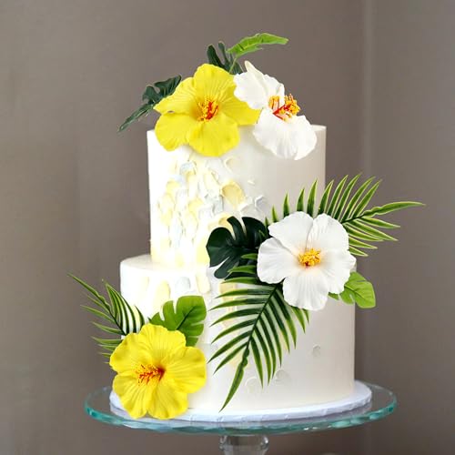 10PCS Artificial Hibiscus Flower Cake Toppers Hawaii White Yellow Hibiscus Cake Decors for Baby Shower Hawaii Theme Birthday Bridal Engagement Wedding Floral Cake Picks Summer Holiday Party Decoration - color: White