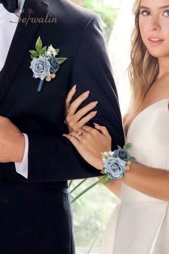 Serwalin Blue Rose Corsage and Boutonniere Set, 2Pcs Dusty Blue Boutonniere and Wrist Corsage Wristband Prom Flower for Wedding Flowers Accessories Prom Suit Decorations - color: Dusty Blue, size: 1 Boutonniere & 1 Wrist Corsage - 2pcs