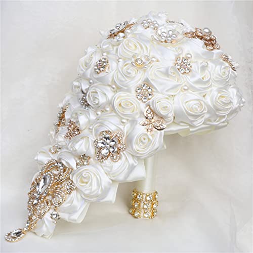 Handmade Satin Rose Water Drop Bridal Bouquet 8.7inch Crystal Wedding Round Tossing Bouquet Jewelry Proposal Bridesmaid Bouquet Groom Corsage Bride Wrist Flower Ivory (Ivory) - color: Ivory
