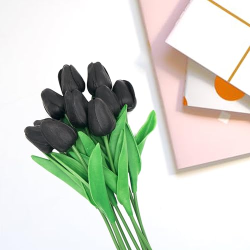 10 Pcs Faux Tulips Artificial Flowers with Stems, 13 Inch Artificial Tulips Flower Realistic for Wedding Bouquet, Table Centerpiece, Birthday Party (Black) - color: Black