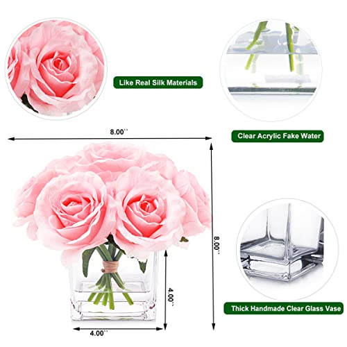 7 Large Stem Pink Rose Artificial Flowers in Vase, Fake Rose with Fake Flowers in Vase for Home Decor, Wedding Table (Pink) - color: Pink