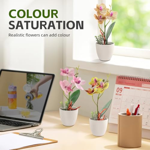 2Pcs Artificial Flowers Orchid Fake Phalaenopsis Small Potted Plant Ceramic Vase for Table Centerpiece Home Office Bathroom Wedding Decor(Pink & Yellow) - color: Pink & Yellow