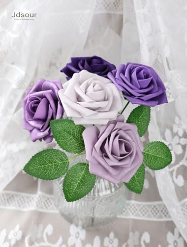 25pcs Artificial Flower，Real Looking Foam Roses w/Stem for DIY Wedding Bouquets Centerpieces Bridal Shower Party Decor-Shades of Series Purple - color: Shades of Series Purple