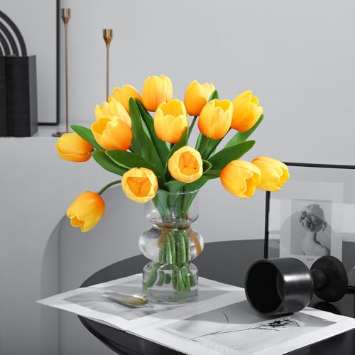 Orange Artificial Tulips, 2 Bundles 14Pcs, Fake Tulips Artificial Flowers, 2 x 2.4 Inch Large Flower Head Big Tulip, Easter Valentine's Day Mother's Day Home Decoration Flowers - color: Orange