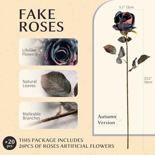 Artificial Flowers 20PCS Artificial Roses 23.2In Fake Roses Long Stem Artificial Flowers for Tall Vase Silk Rose Autumn Suitable for Indoor Decoration Wedding Party Decor DIY Bouquet,Dark Blue - color: Dark Blue