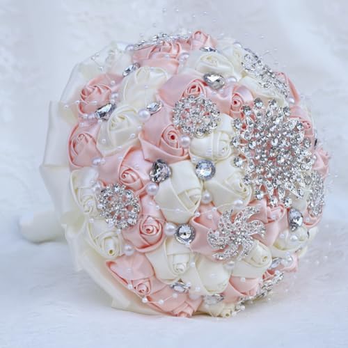 Bridal Wedding Bouquet with Silver Rhinestones Brooch Pearl Bouquet for Bride Bridesmaid Quinceanera Artificial Satin Rose Flower Bouquet Wedding Pale Pink and Ivory 9.5in - color: Pale Pink & Ivory, size: Diameter: 9.5 inches