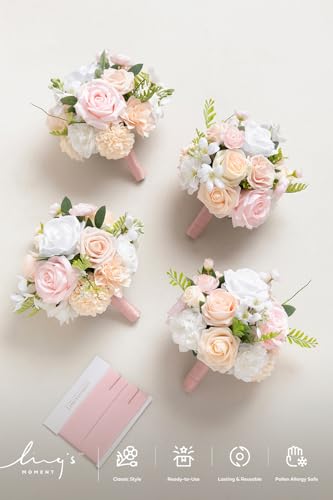 Ling's moment Blush Artificial Bridesmaid Bouquets Set of 4 Pink Wedding Flower Bouquets Cream Floral Bouquet Rose Bridal Bouquets with Ribbon,Ceremony,Anniversary,7-inch Diameter - color: Pk-pink & Cream