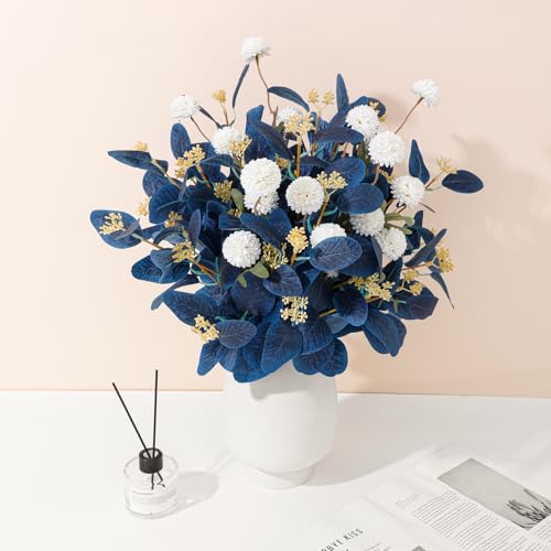 Dallisten Fake Flowers for Vase, 16 pcs Faux Silk Pompom Mum Artificial Flowers with Eucalyptus Stems, Mini Floral Long Stem Arrangements for Home Decor, Wedding, Table Centerpieces DIY Floral Designs - color: Navy Blue+white