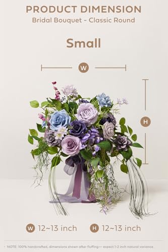 Ling's moment Purple Blue Wedding Bouquets for Bride, Lilac Bridal Bouquets for Bride, 13 Inch Free Form Artificial Wedding Flower Bouquet - color: Lilac & Gold, size: Small 13 Inch