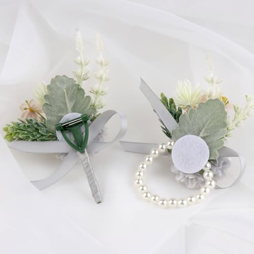 Alizeal 2Pcs of Wrist Corsage and Boutonniere Set, Artificial Flowers Accessories Suit Decor for Wedding Prom Party Homecoming Ceremony, Blue Gray - color: Blue Gray