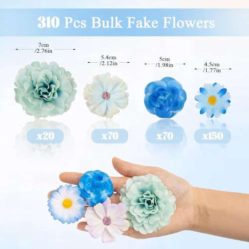 ATTGREAT 310 Pcs Fake Flower Heads Mini Artificial Flower Bulk Silk Flowers for Decoration Small Faux Flower Heads Fabric Daisy Buds Floral for Crafts DIY Wedding Party Baby Shower Home Decor, Blue - color: Blue
