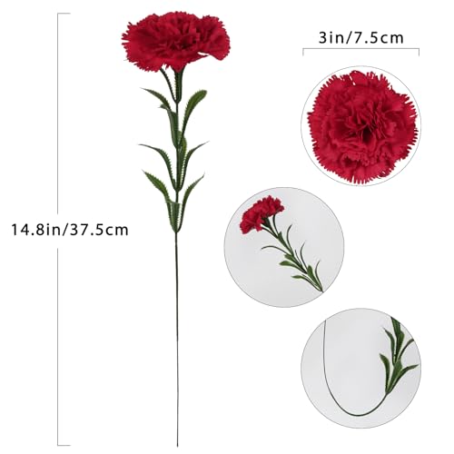16PCS Red Carnations Artificial Flowers 14.8'' Fake Carnation Silk Flowers with Single Stem Faux Carnations Flowers for Home Table Centerpiece Wedding Decorations Floral Arrangements (Red) - color: Red