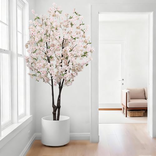 Artificial White Cherry Blossom Tree 5.7ft(68in) Faux Lifelike Plant for Indoor Decor Natural Potted Tree Realistic Pink Cherry Flowers Wood Trunk for Home Living Room,Office Perfect Weeding Gift - color: Cherry Blossom(white 12), size: 5.7ft