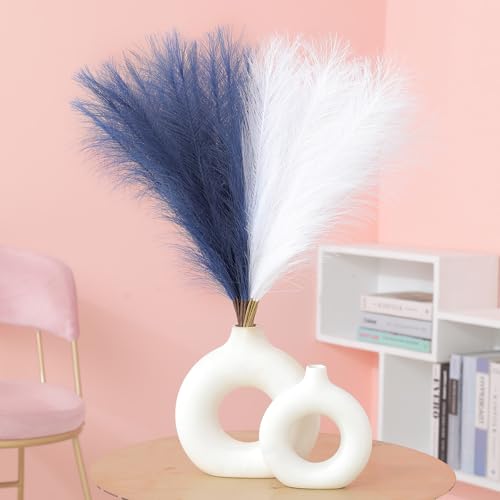 Ureymx Faux Pampas Grass Decor 17.7 Inch 30pcs, Artificial Pompas Grass Bulk Artificial Dried Flower Small Vase Filler for Boho Home Wedding Decoration (Blue/White) - color: Blue/White, size: 17 Inch 30 Pcs