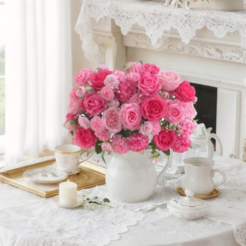 8 Pcs Mixed Artificial Peony Flowers Set-4 Bouquets & 4 Stems, Pink Fake Peony Rose Hydrangea Flowers for Vase Silk Floral Arrangements for Table Centerpiece Wedding Party Bridal Decoration Home Decor - color: Mixed Pink, size: Mixed 8pcs