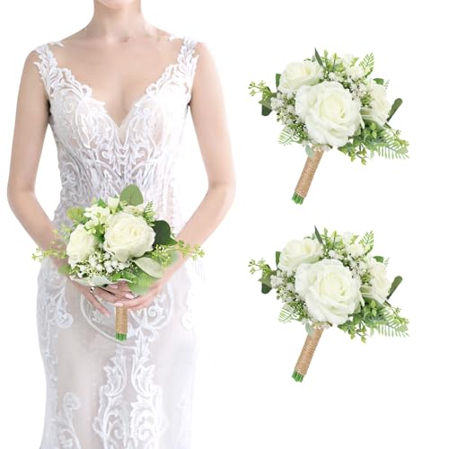 Wedding Bridesmaids Bouquet Set of 2 Artificial Flowers Bouquets for Bridesmaid Pre-Made 7 Inch Faux Small Floral Bouquets Bridal Shower, Wedding, Ceremony, Anniversary - Ivory White - color: Ivory White, size: 2pcs