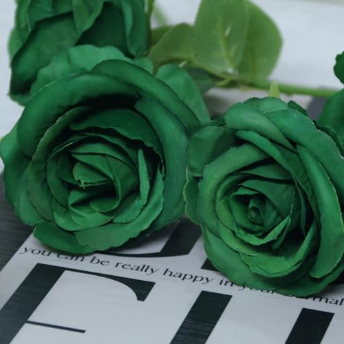 Felice Arts 12 Pack Green Roses Artificial Flowers with Stems Silk Roses for Vase Fake Flowers Bouquet for St Patricks Day Wedding Table Home Kitchen Party DIY Christmas Decor - color: Green