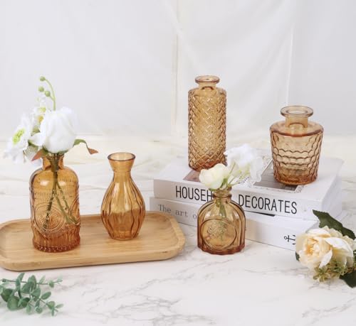 5pcs Amber Glass Bud Vase Set, Gold Small Flower Vases for Centerpieces in Bulk, Mini Vintage Vase for Home, Wedding, Table Decor - color: Amber, size: 5pcs