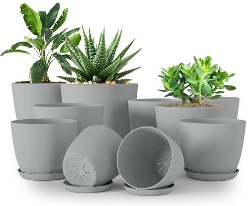 Utopia Home - Plant Pots Indoor with Drainage - 7/6.6/6/5.3/4.8 Inches Home Decor Flower Pots - Pack of 10 Plastic Planters for Indoor Plants, Cactus, Succulents Pot - Grey - color: Gray, size: Pack of 10
