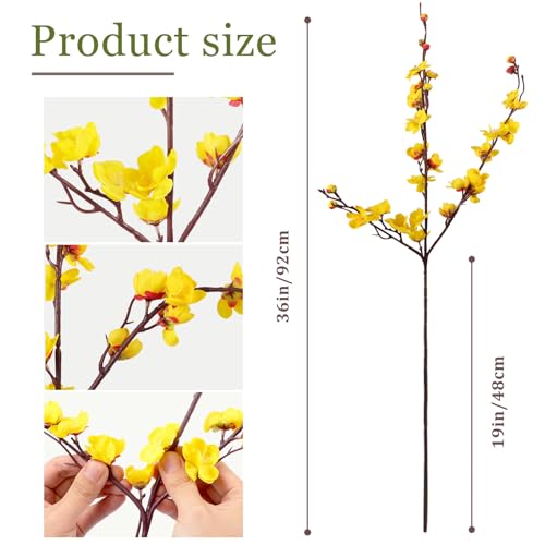 8pcs Yellow Cherry Blossom Branches Artificial Flowers for Winter Spring Indoor Decoration, 36" Plum Fake Peach Plants for Wedding Home Office Bedroom Party Decor (Yellow, 36in) - color: Yellow, size: 36.6 inches