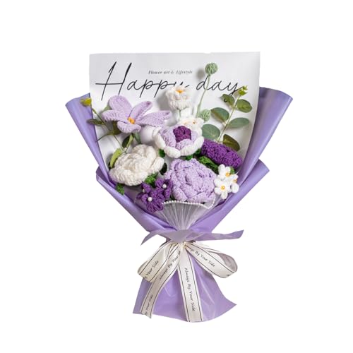 Completed Purple Crochet Flowers Bouquet, Handmade Knitted Bouquet, Crochet Artificial Flowers for Mother's Day Birthday, Wedding Home Decor, Gifts for Mom (Purple Tulip) - style: Purple Tulip & Rose