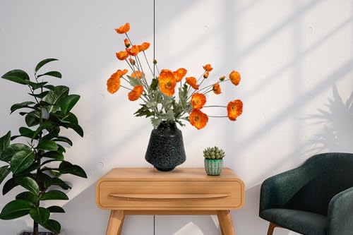Set of 6 Poppies Flowers Artificial Silk Flowers with Long Stems Faux Wildflowers Bouquet for Vases Oil Pastel Style for Wedding Party Indoor Home Office Decor (Orange) - color: Orange