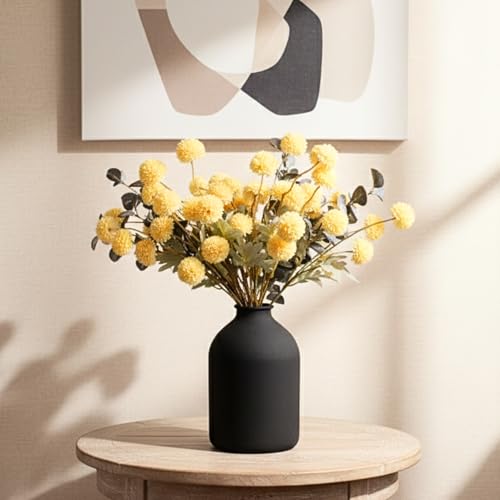 RyddeligHome Yellow Flowers Artificial 10 Long Stems Kiku Flower with Eucalyptus, Spring Flowers Decor, Mustard Yellow Decor, Flores Amarillas Artificiales para Decoracion, Faux Summer Floral Stems - color: Yellow