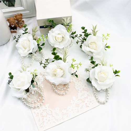 White Corsage and Boutonniere Set, Ivory Boutonniere, Prom Flower Wrist Corsage Bracelets, Homecoming Corsage Wristlet, Men Boutonniere for Wedding Flowers Accessories Prom Suit Decorations - color: 1 Boutonniere & 1 Wrist Corsage White